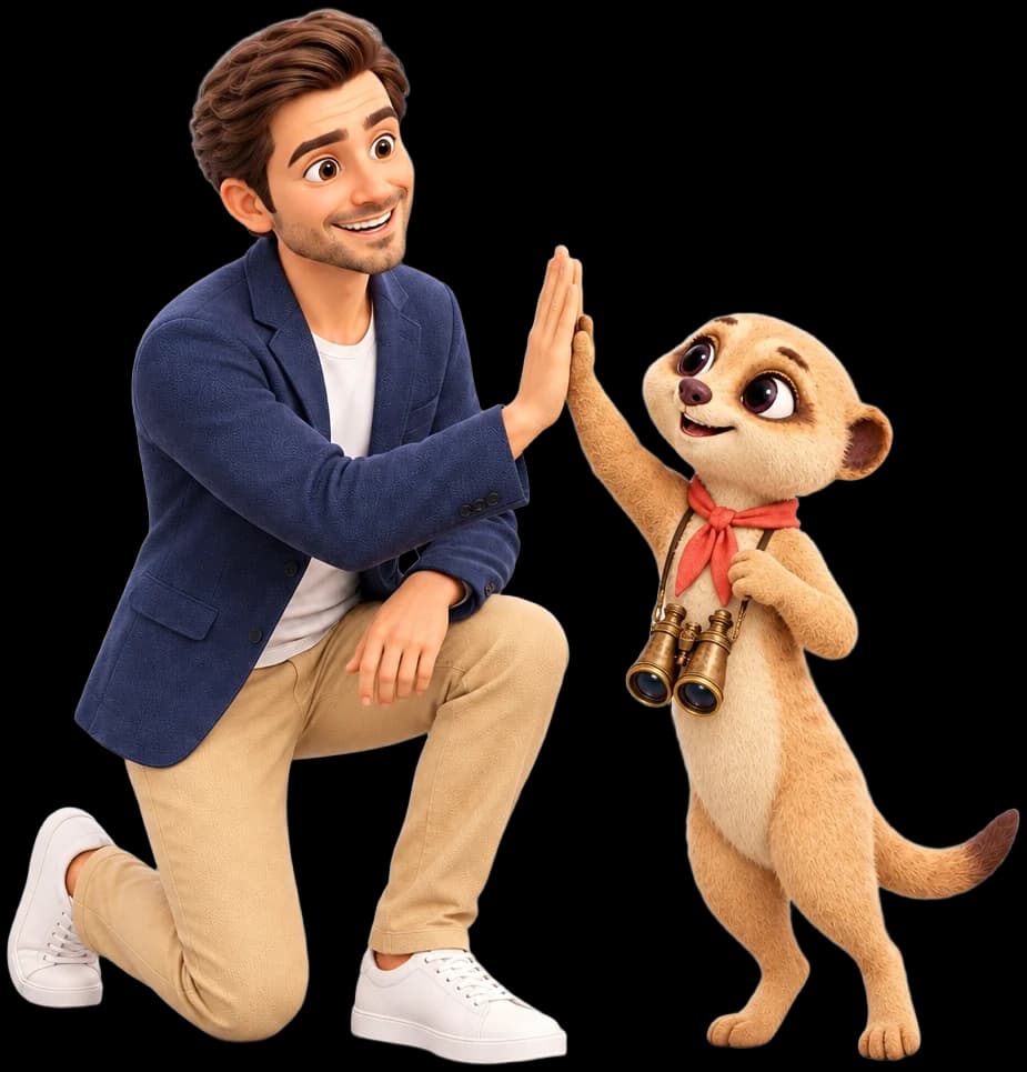 Hugo Prioux, en 3D, qui tope avec Julio, la mascotte suricate de Systemic