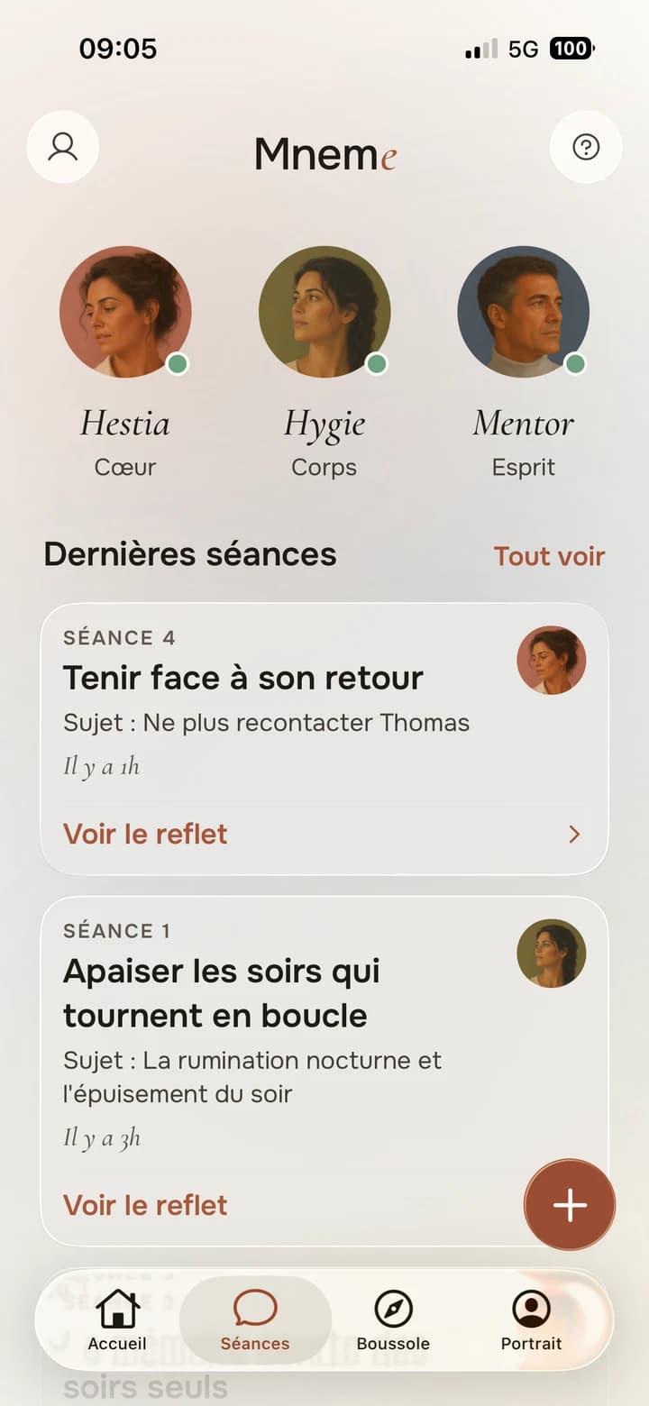 Écran des séances de l'application Mneme, avec les accompagnants Hygie, Hestia et Mentor